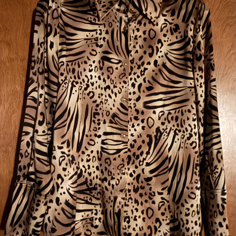 St. John Collection Animal Print Button Down Shirt - Black and Tan